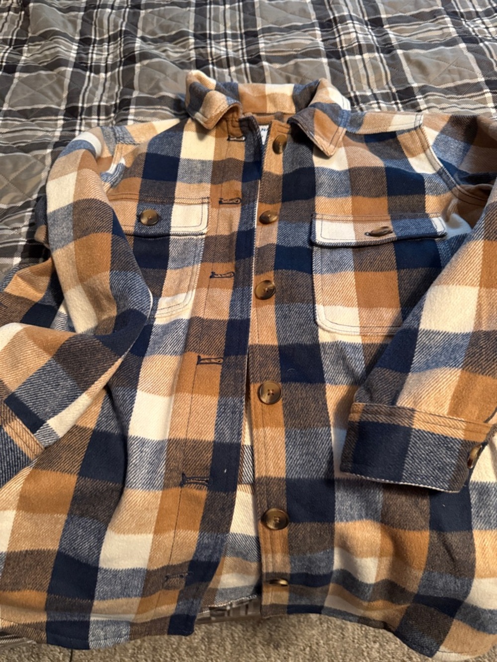 Old Navy Plaid Shacket in Navy, Camel, and Cream